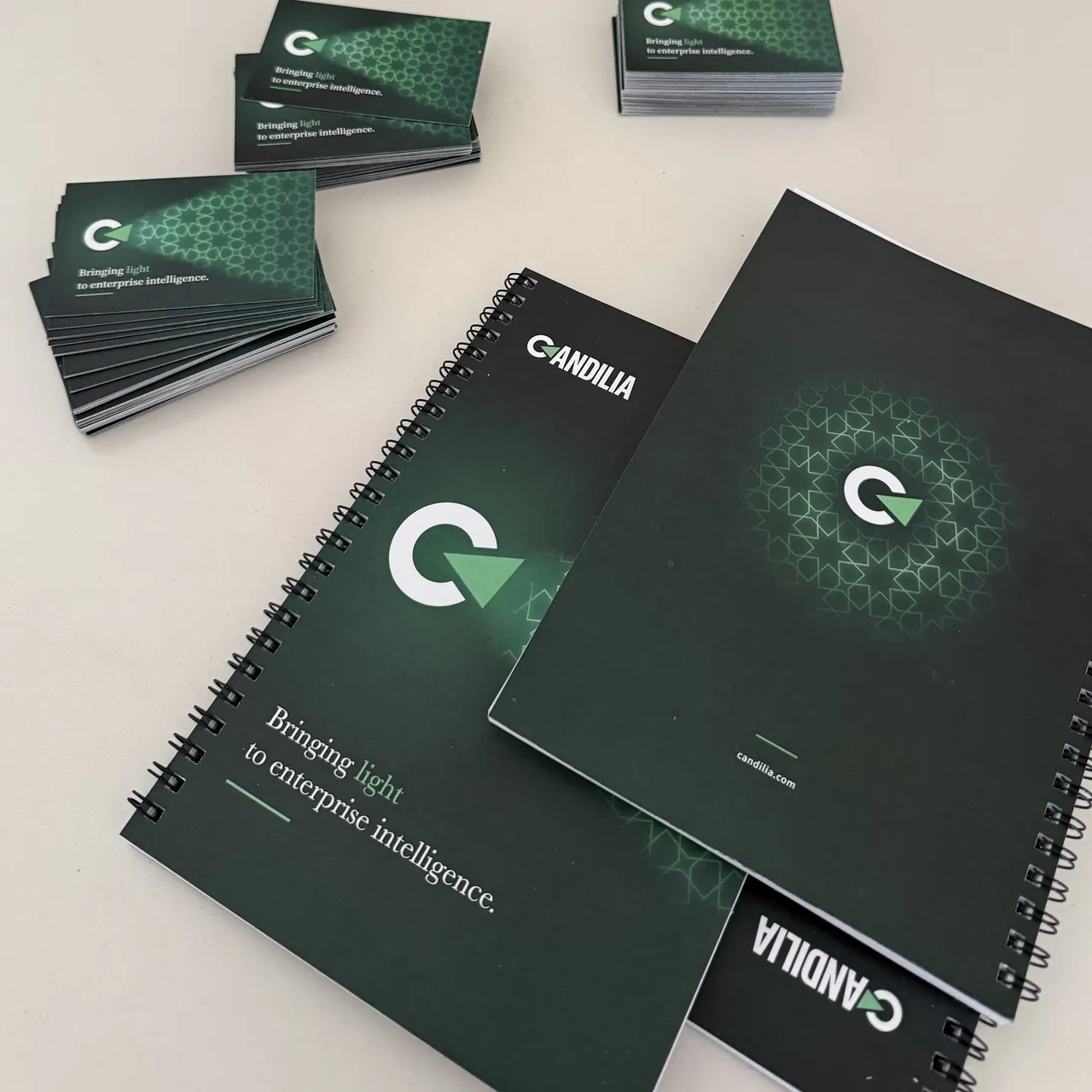 Candilia business cards and notebooks, printed with the logo