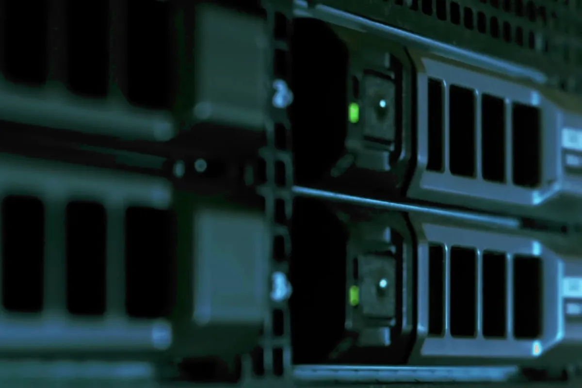Server rack with its status lights on